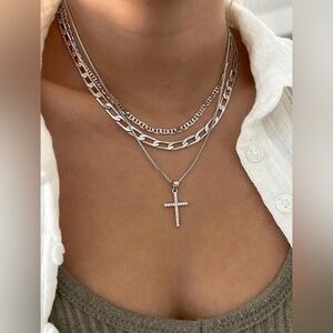 Silver Tone Layered Cross Necklace